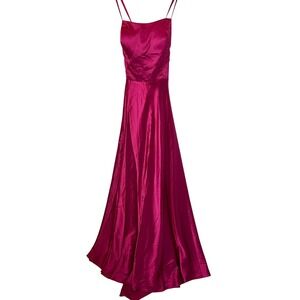 Magenta Pink Satin Lace Up Back Prom Dress Ball Gown Square Neck Size 16